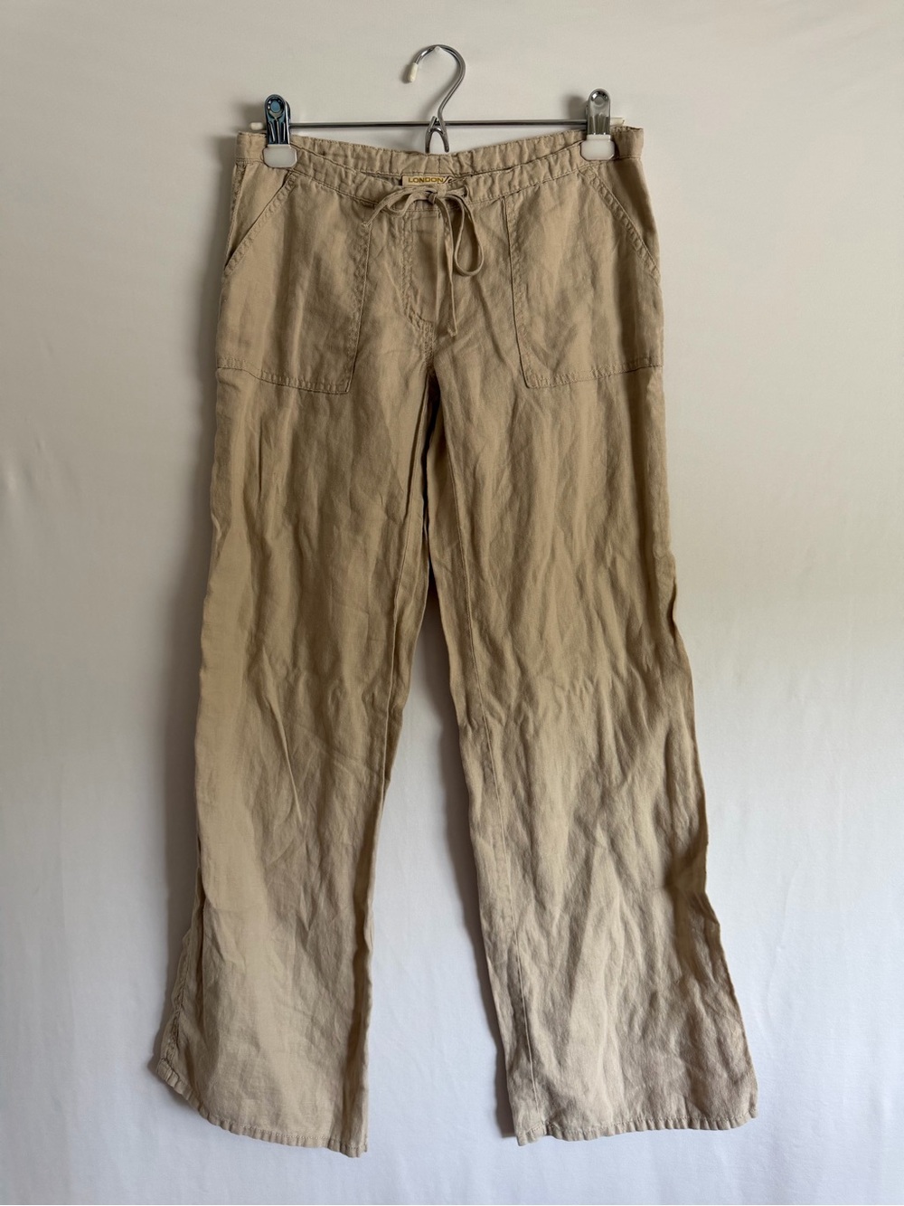 London Jean Chino 100% Linen Wide Leg Pants Beige Tan Drawstring Womens XXS